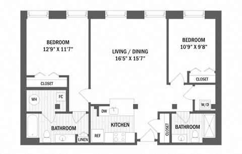 Floor plan for 2 beds, 2 baths, 979 sqft